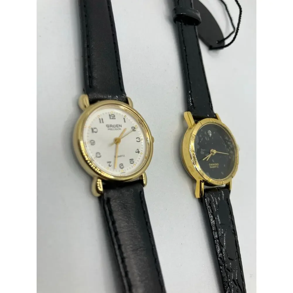 Women's Watch Lot of (2) Gold Tone BLACK LEATHER Gruen Diamon Analog